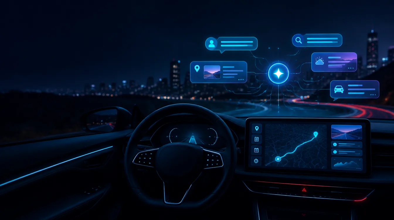 Fahrtenbuch-App im Cockpit eines Premium-Fahrzeugs und KI-Antworten im Vergleich